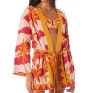 Maaji Jay Kimono Sweater S/M Pink Orange Yellow Cardigan Belted Cotton NWT $160